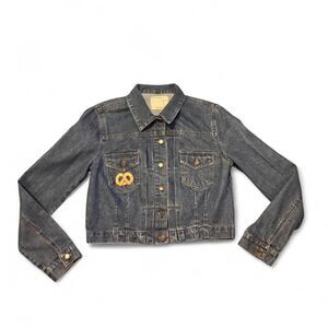 Life In Progress Cropped Denim Jacket M Pretzel Burger Patch Jean Trucker